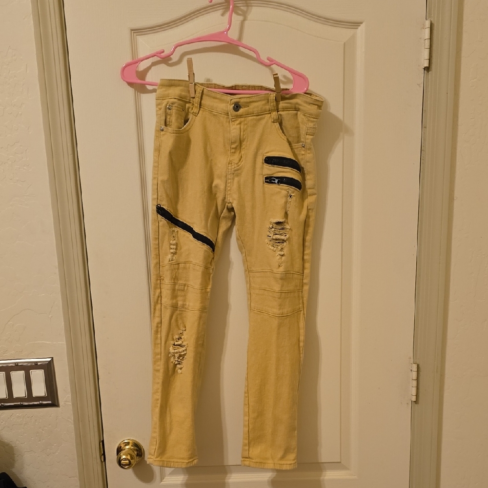 Stylish Tan Youth Distressed Skinny Jeans with Black Accents